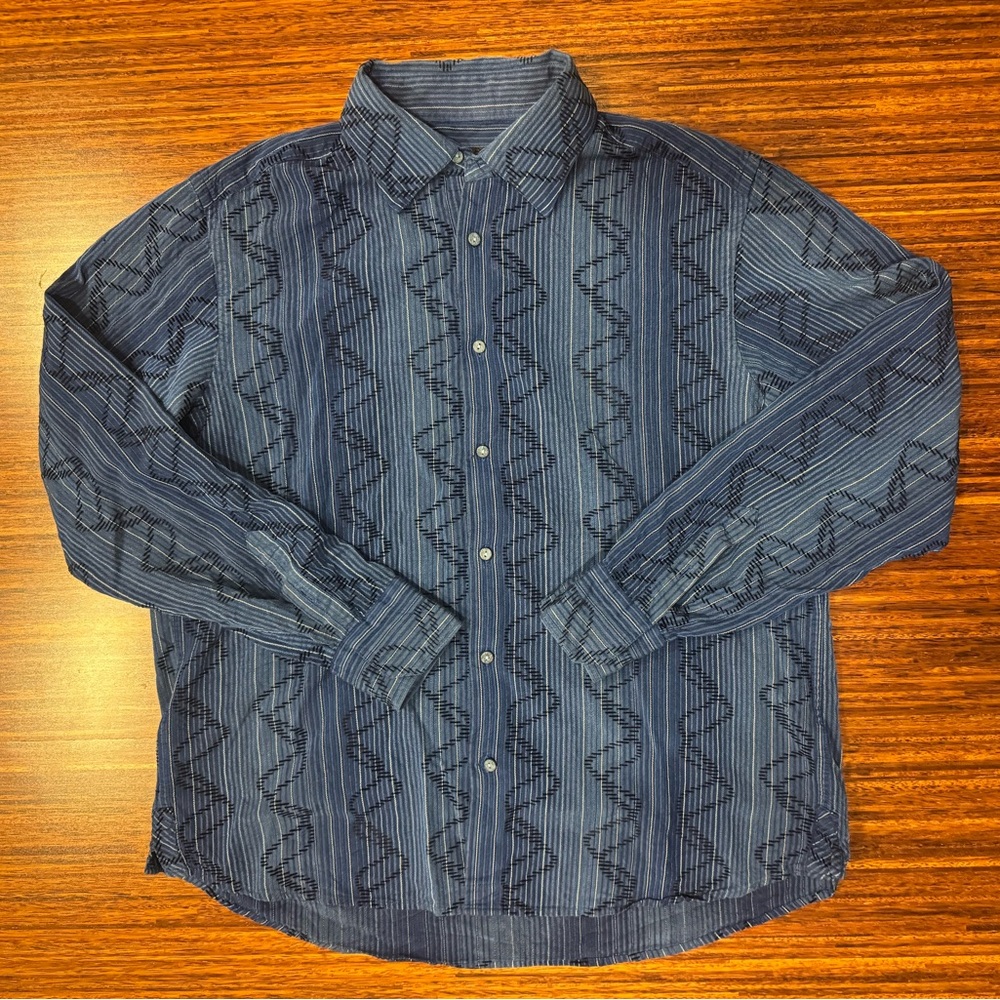JHANE BARNES VINTAGE Silk/Rayon LS SHIRT SIZE XXL Blue Geometric Wavy Stripe